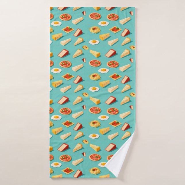 Isometric pizza cheese blocks and fried eggs bath towel (Bath Towel)