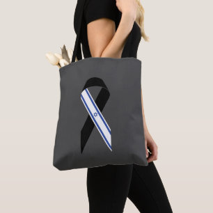 Israel flag black ribbon memorial dark grey tote bag