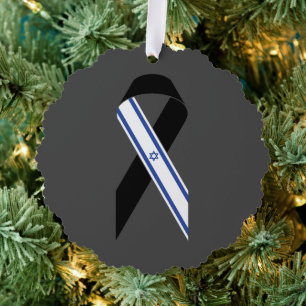 Israel flag black ribbon memorial Hanukkah grey Tree Decoration Card