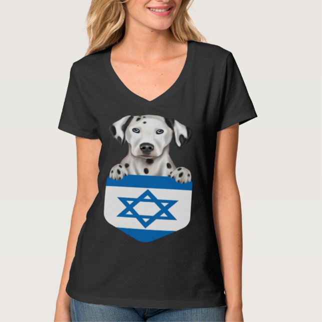 Israel Flag Dalmatian Dog In Pocket T-Shirt (Front)