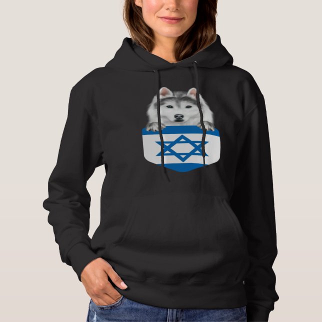 Israel Flag Siberian Husky Dog In Pocket Hoodie (Front)