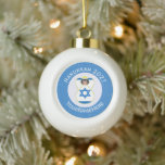 Israeli Angel Hanukkah Flag Personalised  Ceramic Ball Christmas Ornament<br><div class="desc">Ceramic ball ornament for holiday and Hanukkah decor featuring an angel dressed in the blue and white flag of Israel. Designed for families of multiple religions. The Hanukkah Israeli flag angel flies inside a white circle of squiggly squares, surrounded by a background of blue squiggly squares. Add a name to...</div>