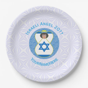 Israeli Flag Angel on Blue and White Personalised  Paper Plate