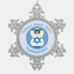Israeli Flag Angel on Blue and White Personalised  Snowflake Pewter Christmas Ornament