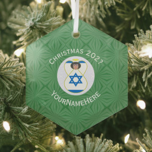 Israeli Flag Christmas Angel Name Year Hexagon Glass Tree Decoration