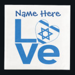 Israeli Flag Heart Blue LOVE Personalised Party Napkin<br><div class="desc">Personalised paper party napkins feature the word LOVE in blue letters with a heart shaped flag of Israel for the O. Great for Hanukkah celebrations or Christmas for families with multiple religions. Fun for family reunions,  travel groups,  and clubs.</div>