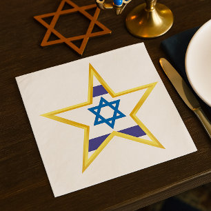 Israeli Flag Star of David Gold Trimmed Napkin