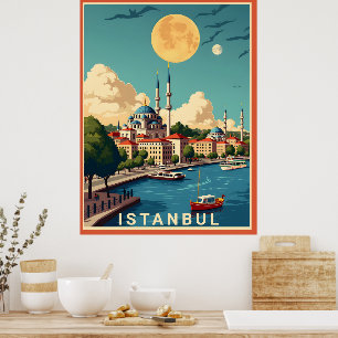 Istanbul Cityscape with Full Moon Poster