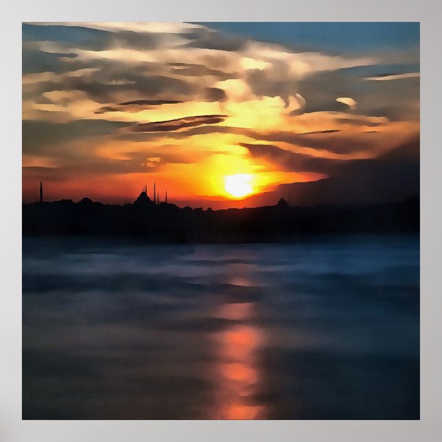 Istanbul Skyline Against Beautiful Sunset Poster (Front)