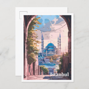 Istanbul Turkey Art Vintage Painting Travel Postcard