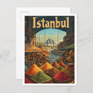 Istanbul Turkey Art Vintage Travel Illustration Postcard