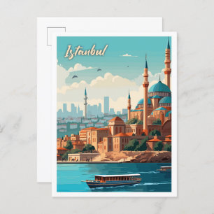 Istanbul Turkey Art Vintage Travel Illustration Postcard