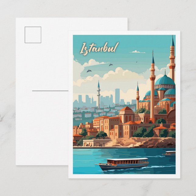 Istanbul Turkey Art Vintage Travel Illustration Postcard (Front/Back)