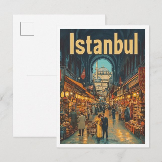 Istanbul Turkey Art Vintage Travel Illustration Postcard (Front/Back)