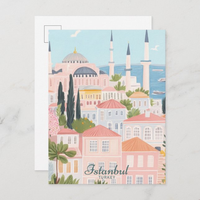 Istanbul Turkey Gouache Paint Illustration Travel Postcard (Front/Back)