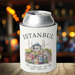 Istanbul Turkey Watercolor art city View Can Cooler