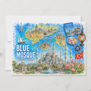 Istanbul Turkiye Illustrated Blue Mosque Postcard