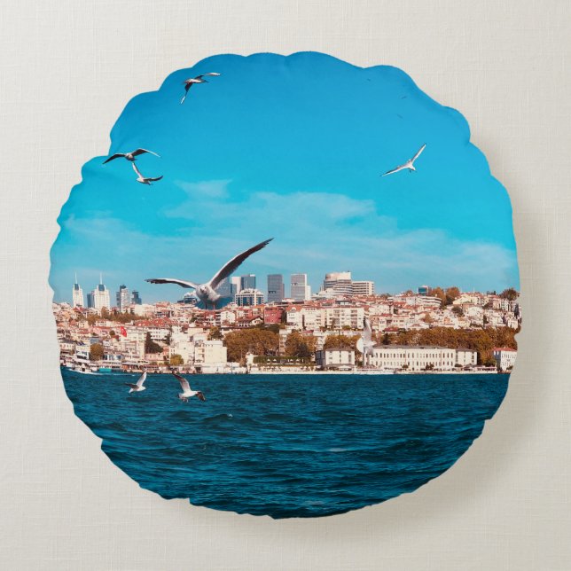 Istanbul view with seagulls on a warm sunny day, B Round Cushion (Front)