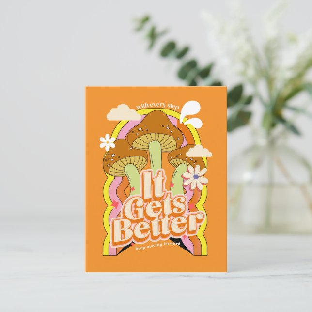 It Gets Better | Good Vibes &  Retro Groovy Feels Holiday Postcard (Standing Front)