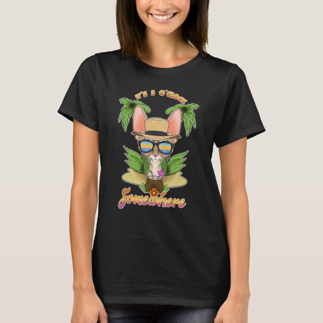It Is 5 O´Clock Somewhere Drinking Devon Rex Cat T-Shirt (Front)