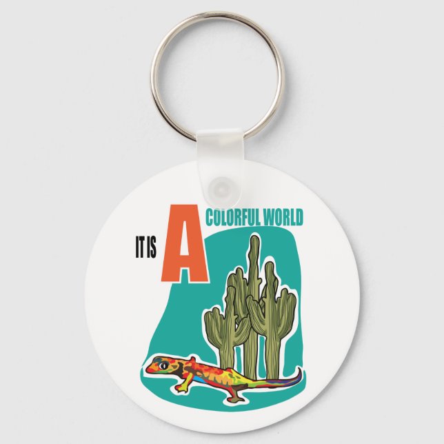 It is a colourful world key ring (Front)