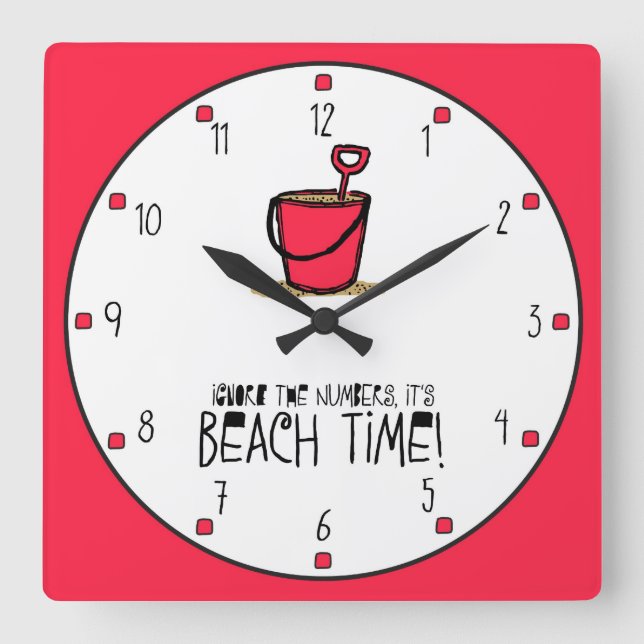 It is Beach Time! Red Square Wall Clock (Front)