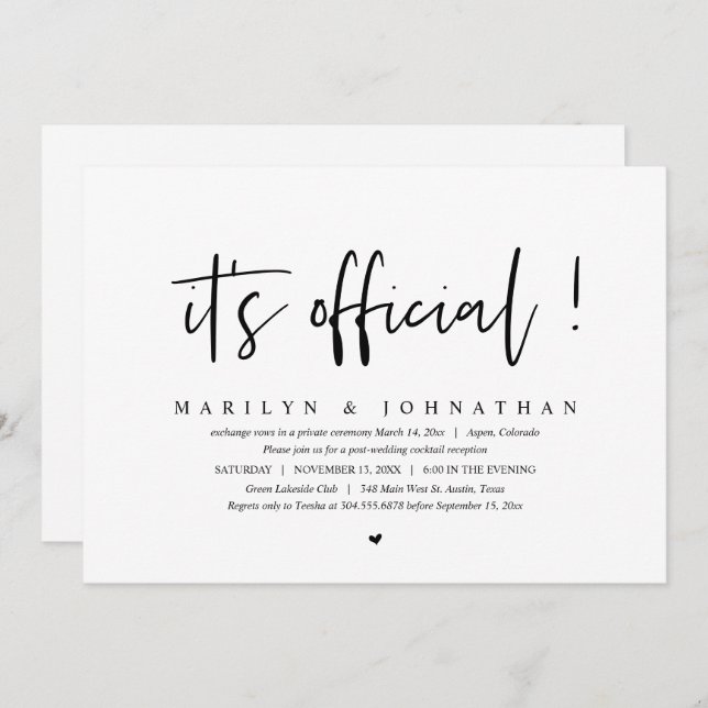 It is official, Wedding Elopement Dinner and Party Invitation (Front/Back)