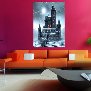 It is snowing at the castle AI Art Poster
