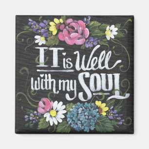 "It is Well" 2" Black Floral Square Magnet