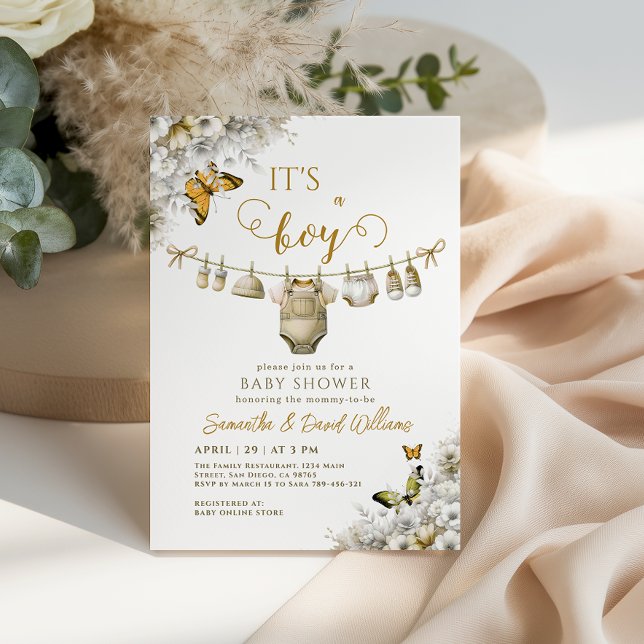 It’s a Boy Baby in Bloom Neutral Clothesline Invitation (Creator Uploaded)