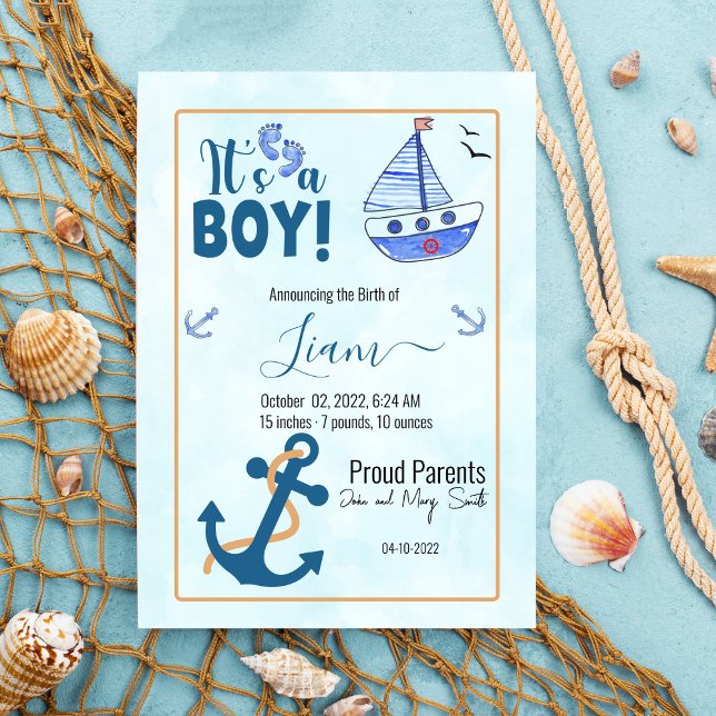 It"s a Boy Birth Nautical Sailboat Anchor Announcement (Creator Uploaded)