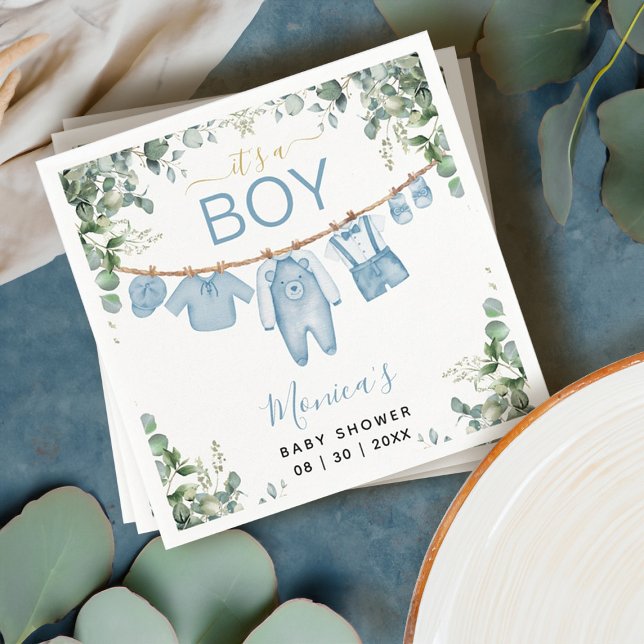 It’s A Boy Blue Boho Clothes Greenery Baby Shower Napkin (It’s a Boy Blue Boho Clothes Greenery Baby Shower Napkins)