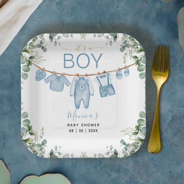 It’s a Boy Blue Boho Clothes Greenery Baby Shower Paper Plate (It’s a Boy Blue Boho Clothes Greenery Baby Shower Paper Plates)