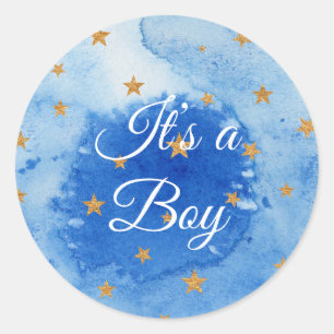It’s a Boy -Blue Watercolor with stars Classic Round Sticker