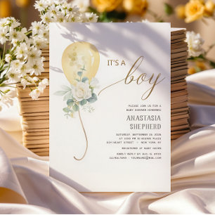 It’s A Boy Gold Balloon & Greenery Baby Shower  Invitation