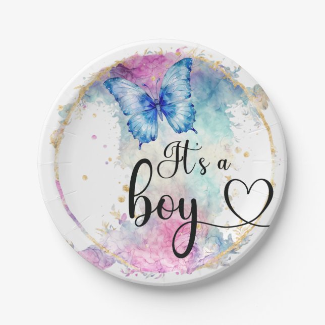 It’s a boy script blue butterfly paper plate (Front)