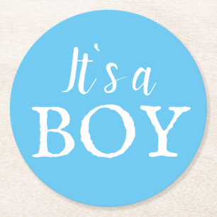 It`s a Boy Typography Blue Baby Boy Baby Shower Round Paper Coaster