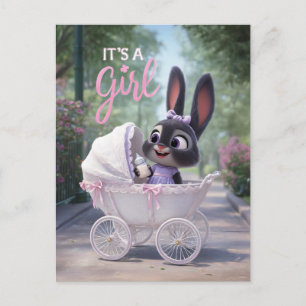 It’s a Girl: Baby Bunny in Pink Lace Stroller Announcement Postcard