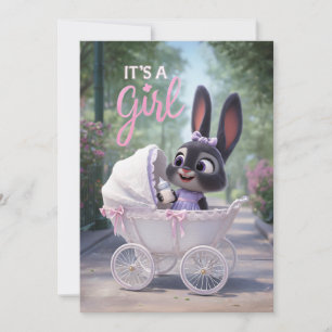 It’s a Girl: Baby Bunny in Pink Lace Stroller Invitation