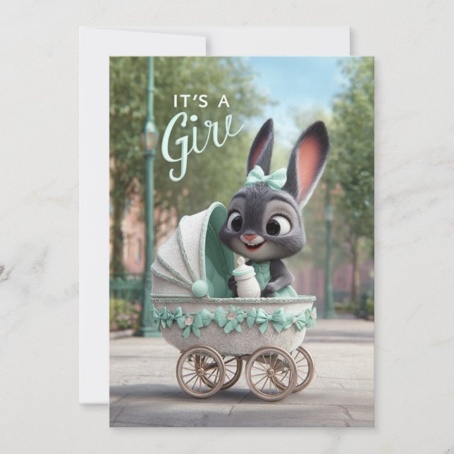 It’s a Girl Baby: Cute Bunny in Green Stroller Invitation (Front)