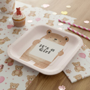It’s a Girl Bear Baby Shower pink Paper Plate
