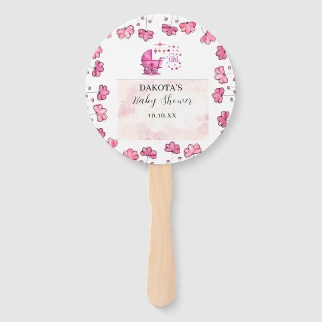 It’s a Girl Cute illustration Pink Baby Shower Hand Fan (Front)