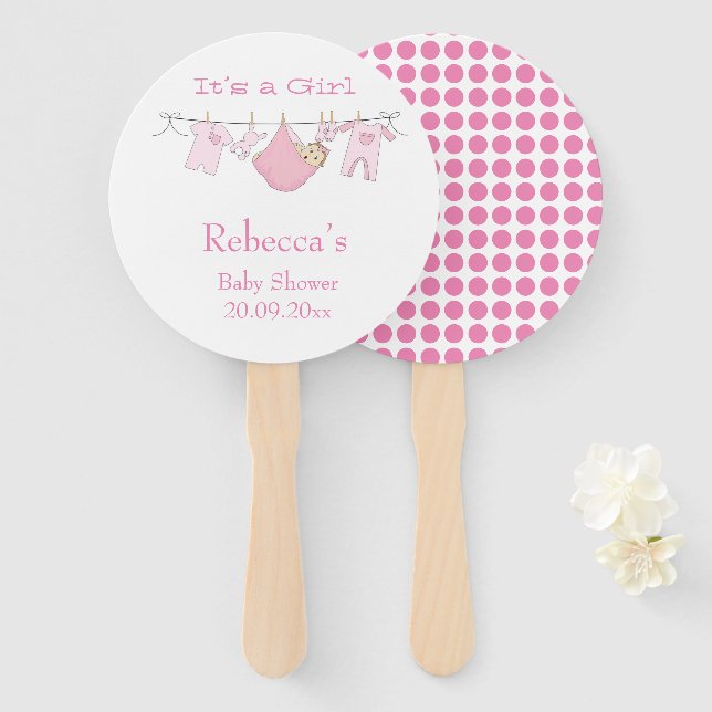 It’s a Girl Cute Pink Polka Dots Baby Shower Hand Fan (Front and Back)