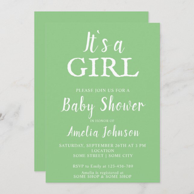 It`s a Girl Green Baby Girl Baby Shower Invitation (Front/Back)