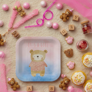It’s a Girl pastel cute Bear Pink Baby Shower Paper Plate