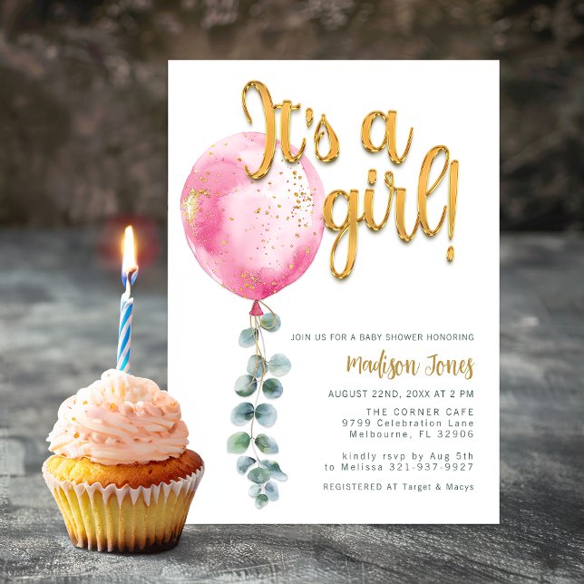 It’s a Girl Pink Balloon Baby Shower & Gold Script Invitation (It's A Girl Invitation )