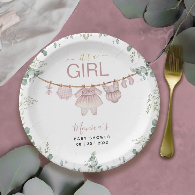 It’s A Girl Pink Boho Clothes Greenery Baby Shower Paper Plate (It’s A Girl Pink Boho Clothes Greenery Baby Shower Paper Plates)
