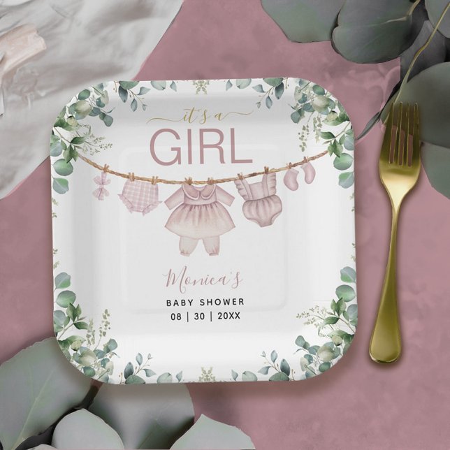 It’s a Girl Pink Boho Clothes Greenery Baby Shower Paper Plate (It’s a Girl Pink Boho Clothes Greenery Baby Shower Paper Plates)
