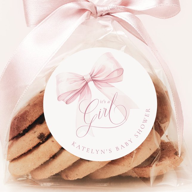 It’s a Girl Pink Bow Baby Shower Classic Round Sticker (Creator Uploaded)