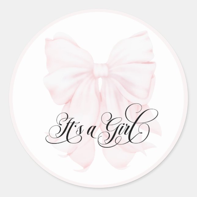 It’s a Girl Pink Bow Modern Elegant Baby Shower Classic Round Sticker (Front)